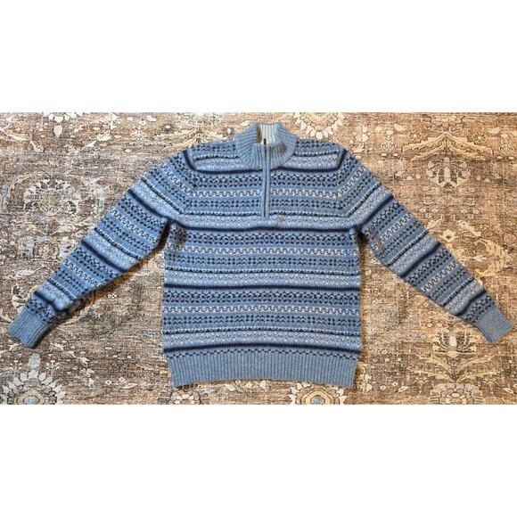 Vintage LL Bean Sweater Wool 1/4 Zip Fair Isle Geometric Nordic Ski Blue Medium - Picture 1 of 8